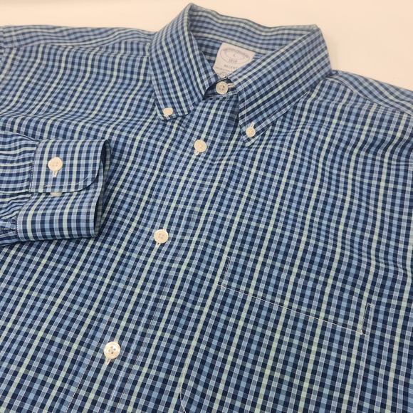 Brooks Brothers Regent Button  Down Polo Shirt Mens Large Blue Checkered Cotton - Picture 1 of 5